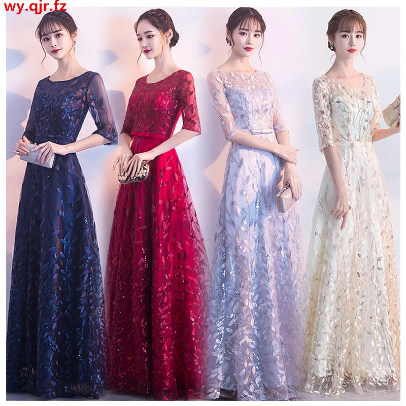 HFK-949#Long Evening Dresses Embroidery Apricot wine red Navy Blue Gray Graduation Valentine's Day Party dress Girls wholesale | Свадьбы