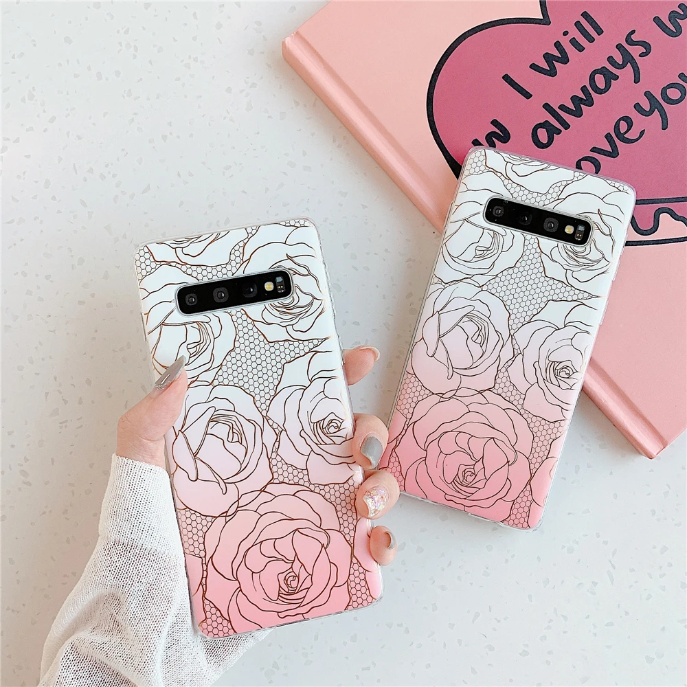 

For Samsung Galaxy Note 10+ Case Luxury Rose Phone Case for Samsung Note 10 9 8 S8 S9 S10 Plus Hot Stamping Silicone Back Cover