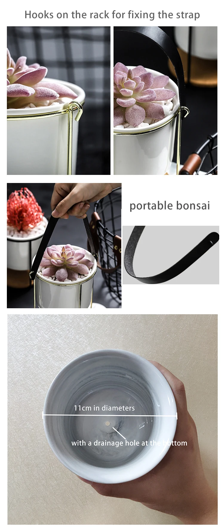 Portable Ceramic Flower Planter Modern Marbling Flower Pot with Metal Rack for Succulents Plants Bonsai Home Garden Decoration