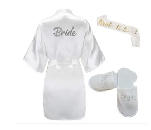 3pc set of glitter gold bride satin short bride robe slippers bridal sash peignoir women Bridal Party kimono robe