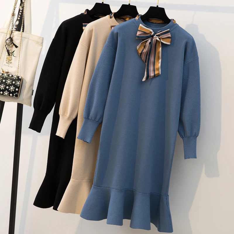 

4XL Plus Size Sweater Dress Women Autumn Winter Elegant Ladies Bowtie Ruffle Knitted Mermaid Dress Long Sleeve robe femme