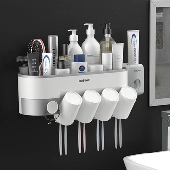 

Wall Mount Toothbrush Holder Toothpaste Squeezer Automatic Dispenser Bathroom Accessories Sets Storage Organizer Rack Box