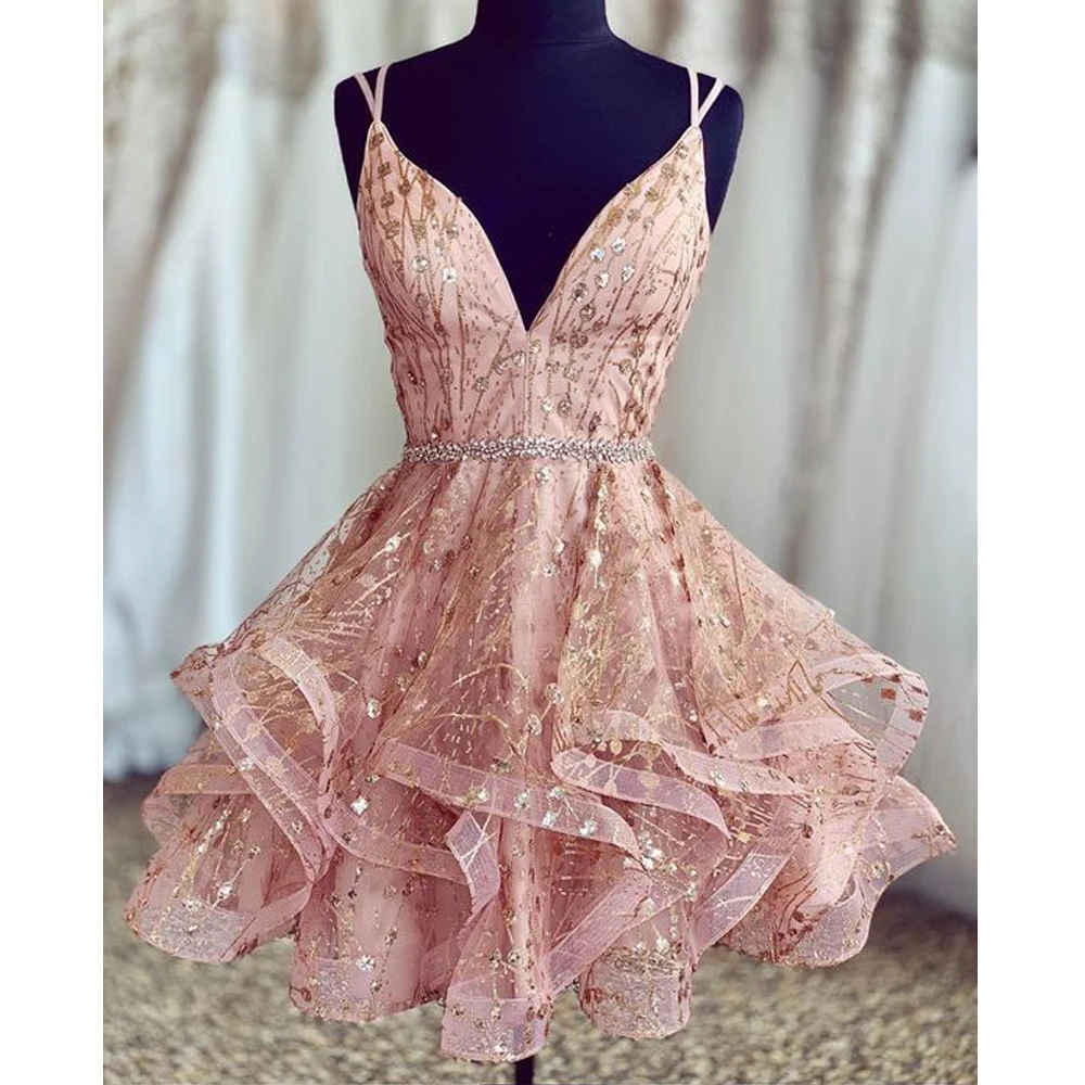 Vestido de baile curto frisado com cordões, decote em v, lantejoulas brilhantes, rosa, brilhante, doce, vestidos do baile, 16