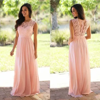 

Pink Cheap Bridesmaid Dresses Under 50 A-line Chiffon Lace Long Wedding Party Dresses