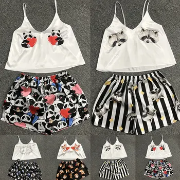 

2pcs Set Cartoon Sleepwear Print Sexy Women Tops V Neck Cute Shorts Vest Sleeveless Women Female Soft Summer Shorts Pyjama