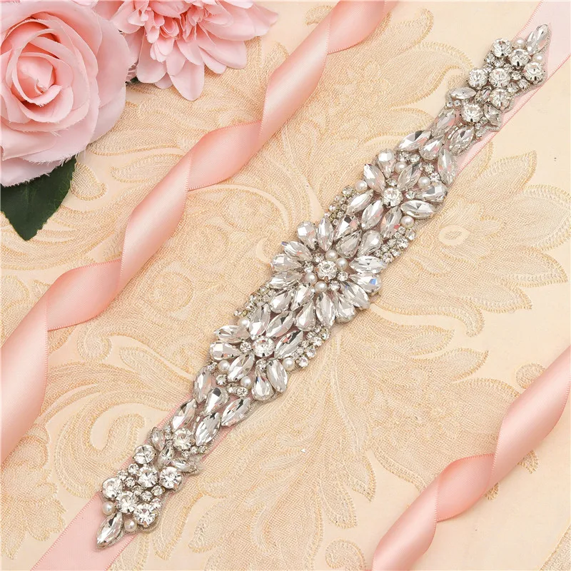 MissRDress Wedding Belt Silver Rhinestones Gown Clear Crystal Bridal Sash Pearls Bridal Flower Belt For Wedding Dress Belt JK892