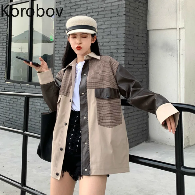 

Korobov Harajuku Hit Color Jacket Women Long Sleeve Plaid Patchwork Single Breasted Bomber Jacket Korean Female Coats 78927