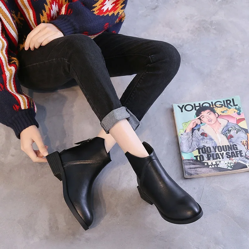 

Solid Zipper Chelsea Boots Women Ankle Round Toe PU Low Boots Square Heel Winter Concise Ladies Shoes