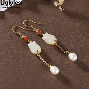 

Uglyless 100% Real Gemstone Jade Tulip Earrings for Women Freshwater Pearls Tassel Long Earrings 925 Silver Summer Dress Brincos