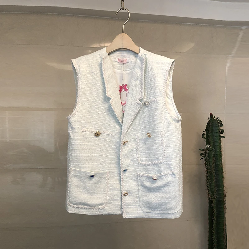Sleeveless Single Breasted V-Neck Women Elegant Tweed Waistcoats Office Korean Thin Pocket Fashion Ladies Loose Vests Streetwear