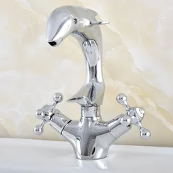 Polished Chrome Brass Swivel Spout Dual Cross Handles Cute Animal Dolphin Style Bathroom Kitchen Sink Faucet Mixer Tap msf855