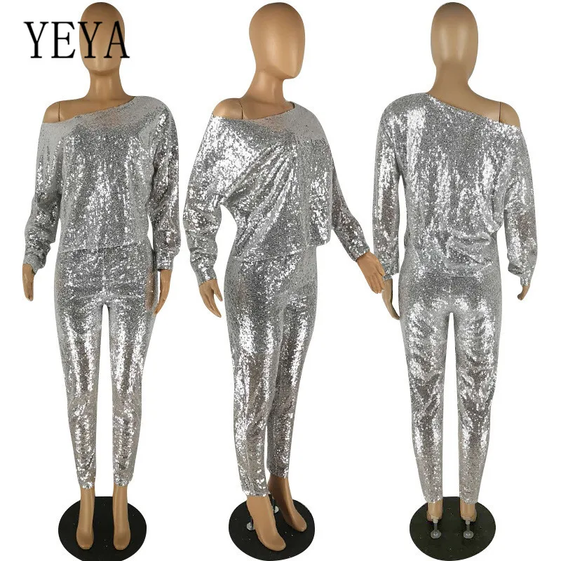 YEYA два предмета наборы для женщин Мода Bling блестками Комбинезоны Осень с длинным рукавом Тощий комбинезон Клубная одежда вечерние комбинезоны Salopette - Цвет: Серебристый