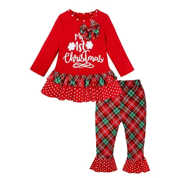 

Christmas New Christmas autumn winter deer bowknot girls' suit children's Long Sleeve Top + flared pants set 2-piece