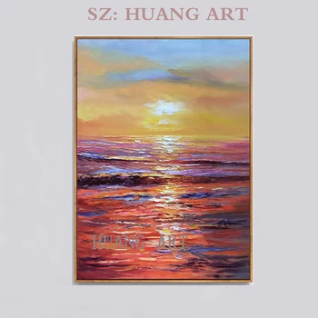 

Free new design hand-painted abstract painting seaside sunrise sunset canvas wall art knife painting without frame