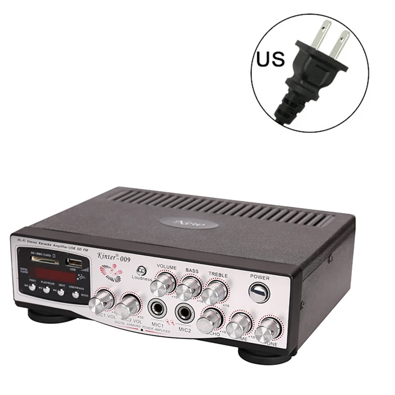 110V US Kinter-009 караоке усилитель аудио 2.0CH 30 Вт tda7377 чипы воспроизведения hifi стерео звук управление бас ВЧ микрофон эхо тон - Цвет: 110V US