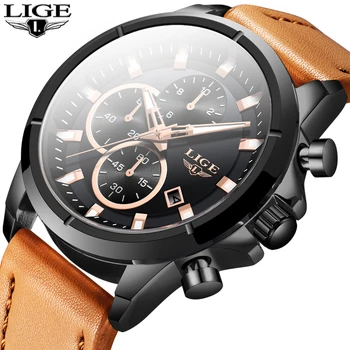 

Watch Men 2020 Casual Leather Clock LIGE Business Mens Watches Top brand Luxury Quartz Gold Watch For Men Waterproof Chronograph