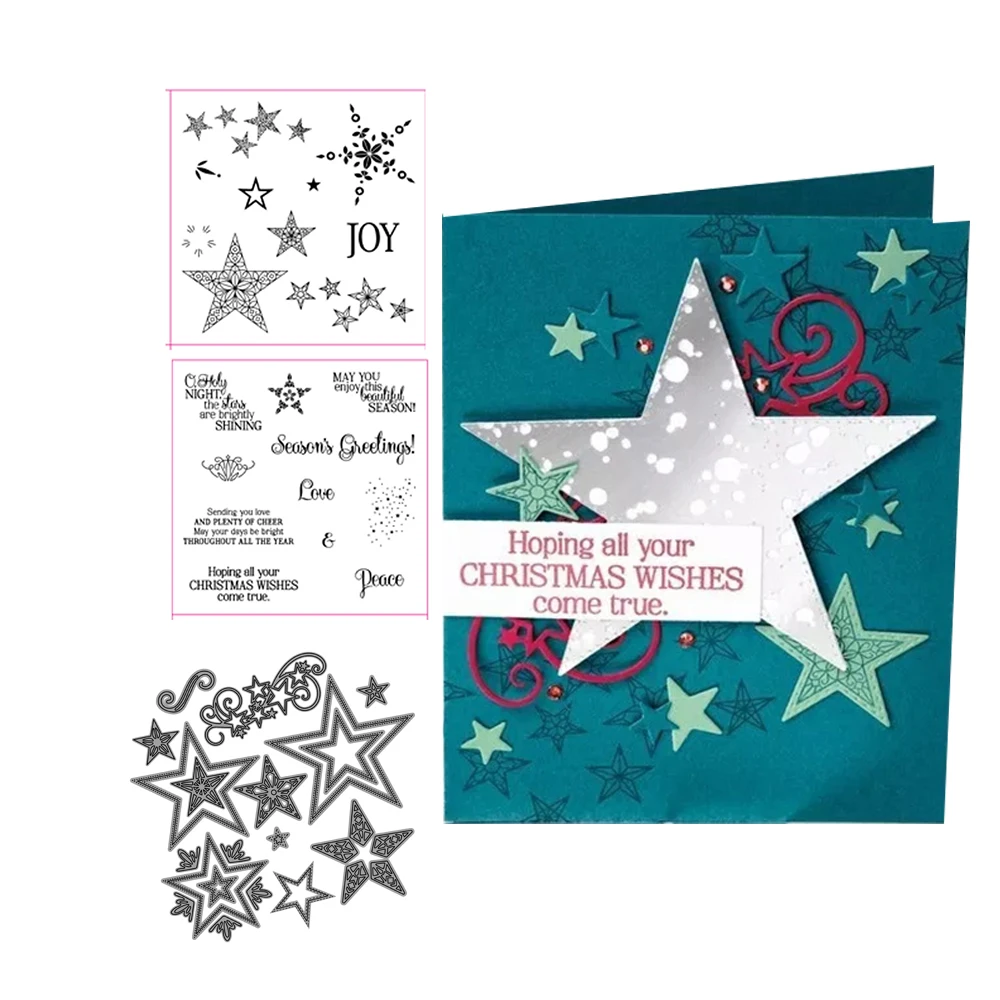 

Merry Christmas Metal Cutting Dies and Rubber Stamps for DIY Scrapbooking Wishes Star Craft Stencil Card Make Album Sheet Decor