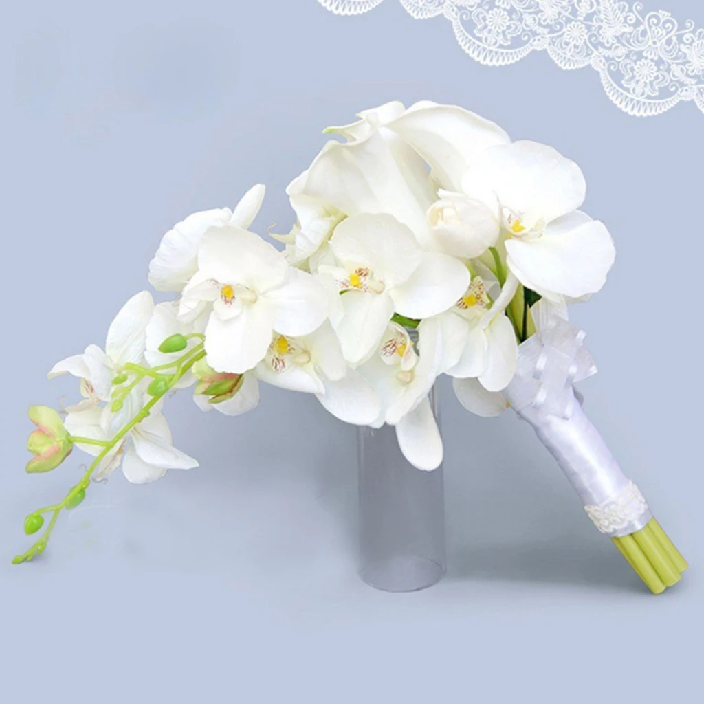 Wedding Ceremony Cascade Waterdrop Bouquet Bridal Bridesmaid Artificial Silk Flower Calla Lily Orchids Flower Arrangement