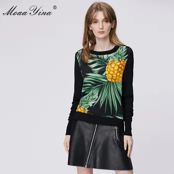 

MoaaYina Spring Autumn Long sleeve Black Knitting Tops Women Elegant Green leaf Pineapple Print Silk Wool Sweater Pullovers