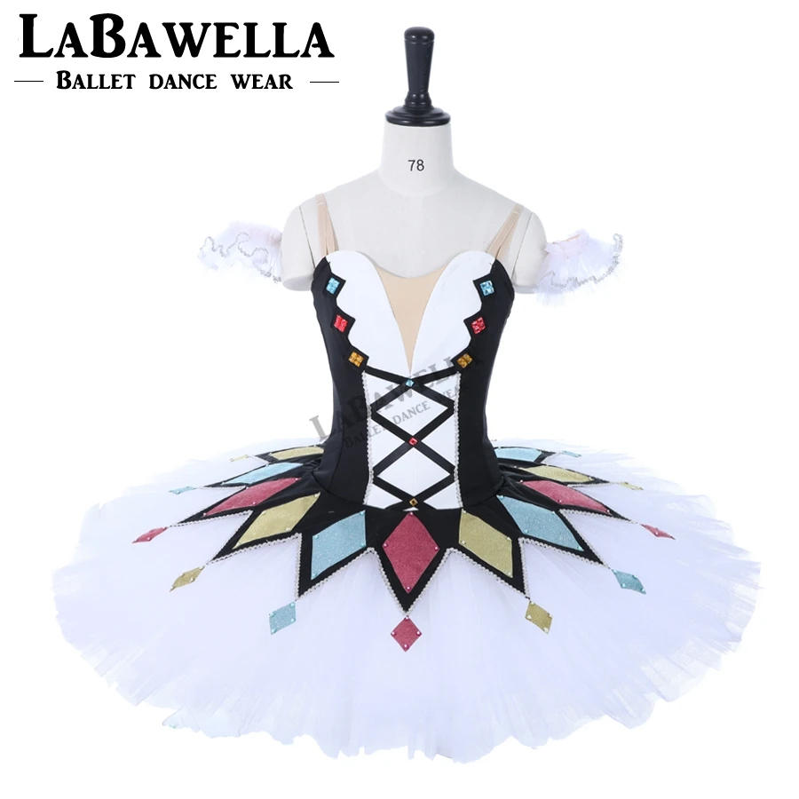 Free Shipping Child Clown Cometiton black white Harlequin professional classical ballet pancake tutuBT9050