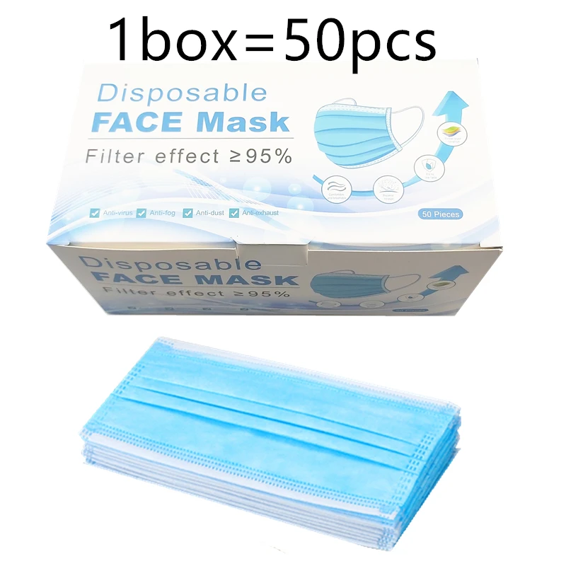 

50 pcs Disposable Mask 3-layer Mask Non- Woven Anti-dust Meltblown Cloth Masks Earloops Masks Facial Protective Cover Masks