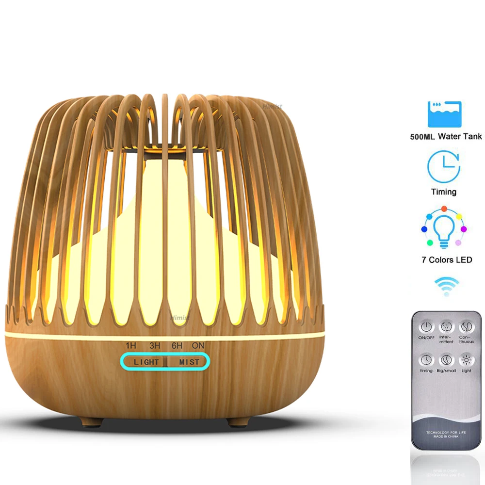 Difusor de aceites esenciales de 500ML, humidificador de aire ultrasónico, grano de madera, luz LED que cambia a 7 colores, fusor de niebla fría para el hogar
