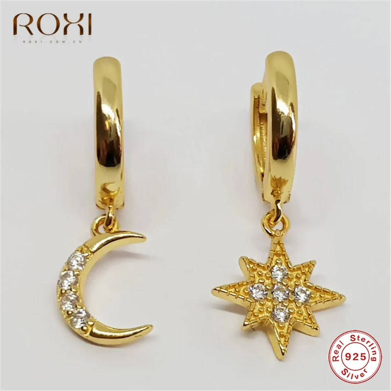 ROXI 925 пробы серебряные серьги асимметричные нежные Лунные звезды CZ серьги-гвоздики для женщин модные ювелирные изделия серьга с рождественской тематикой подарок - Окраска металла: Золотой цвет