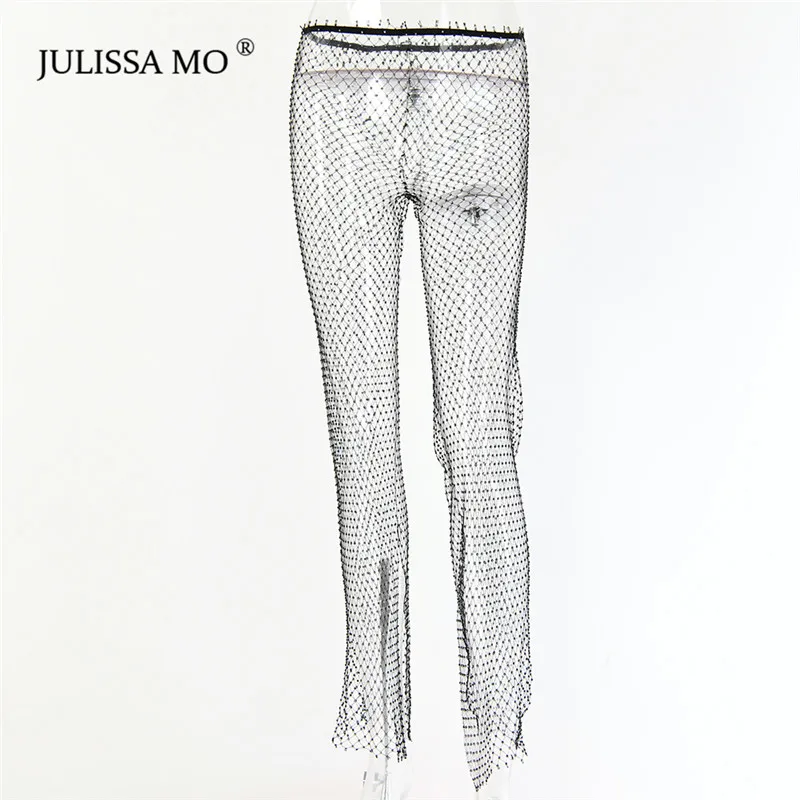 Julissa mo, женские сексуальные широкие брюки со стразами, прозрачные брюки в сеточку, зимние сетчатые пляжные вечерние штаны - Цвет: wide legs pant