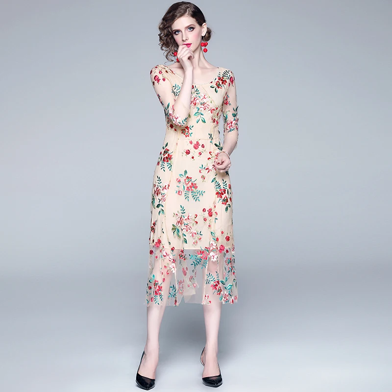 Retro Summer Floral Mesh Embroidered Dresses Vestido Invierno Mujer 2019 Women Beach Midi Party Dress Vestito Donna Estate K6553