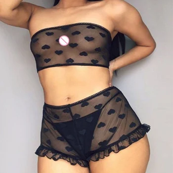 

2pcs Women Sexy Dot Mesh Bra Bowknot Lace Casual Underpants Sleepwear Black Lingerie Set S-XL Babydoll Nightdress