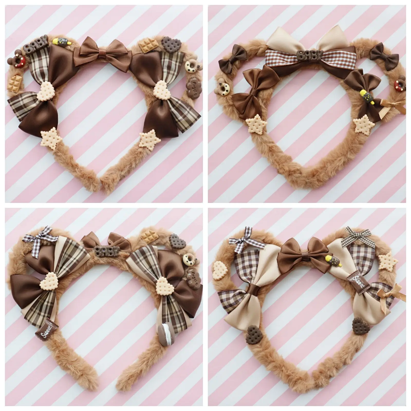 

Handmade Lolita sweet hair hoop bear ear headdress brown kc tiramisu bow star hair accessory