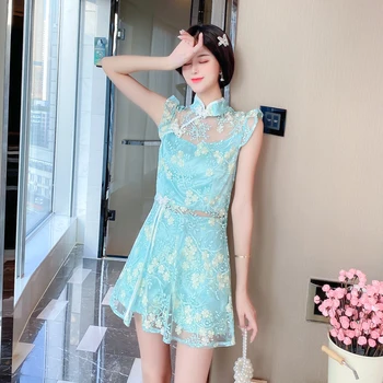 

Comelsexy Modern Cheongsam Improved Pants 2 Sets 2020 Summer New Lace Embroidery Split Long Top Shorts Fashion Chic Suit Female