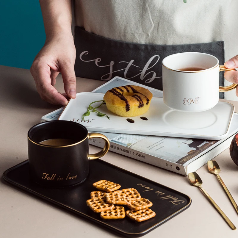 

New Rectangular Coffee Cup Dish Set Matte Ceramic Cup English Pattern With Gold Spoon Cup Set Kitchen Supplies Home Life
