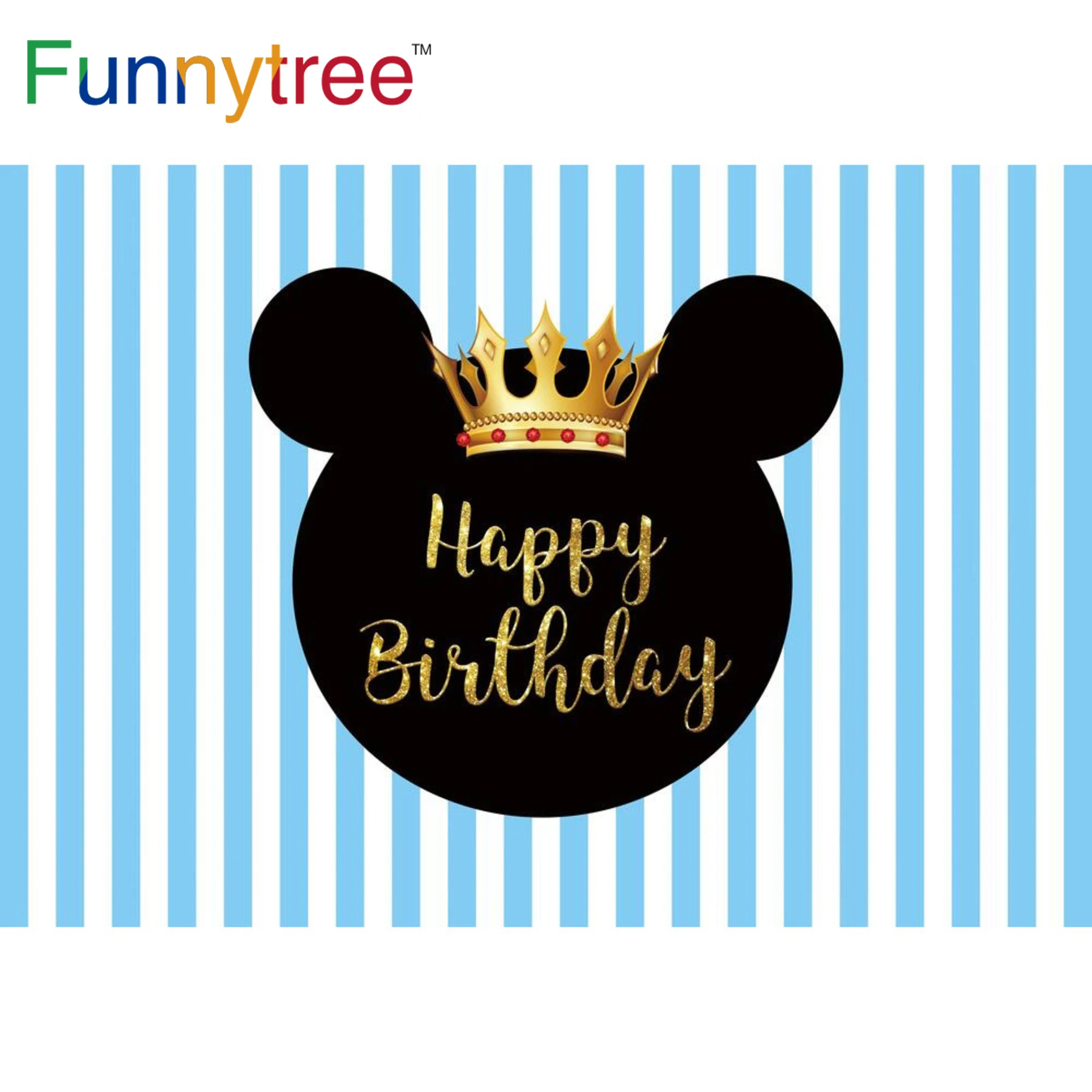 Funnytree Mouse Birthday Backdrop Blue Stipes Baby Shower Golden Crown Cartoon Party Background Banner Photography Photo Studio |