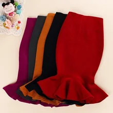 Женская трикотажная Юбка-миди в стиле русалки для офиса, черные вечерние юбки с высокой талией и рюшами, осень