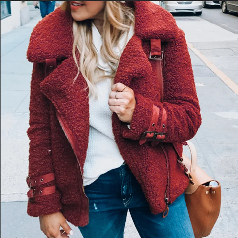 Женская короткая куртка, пальто, Осень-зима, мягкая плюшевая одежда, модное пальто на молнии с отложным воротником, женское Верхнее пальто - Цвет: wine red