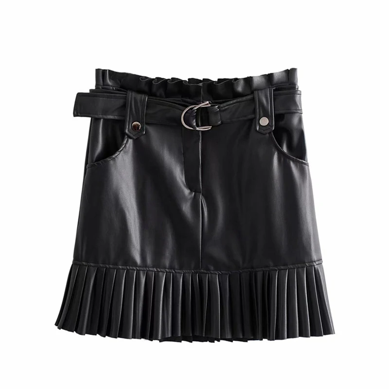 Vogue шик из искусственной кожи юбка трапециевидной формы с поясом модные женские туфли Высокая Талия плиссированная юбка миди Повседневное уличная вечерние Faldas - Цвет: Черный