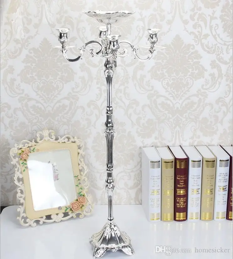 83cm silver Позолоченный напольный канделябр 83 см, металлический подсвечник, подсвечник из чистого золота с красивой цветочной чашей - Цвет: 83cm silver