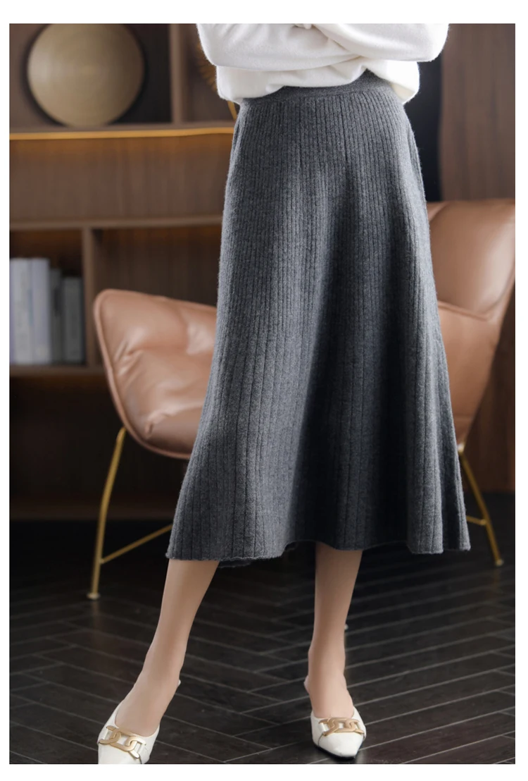 2021 Autumn New High-Waist 100%Pure Wool Pleated Long Skirt Women's Knit Base Skirt Fashion Pack Hip A-Line Cashmere Large Skirt purple skirt