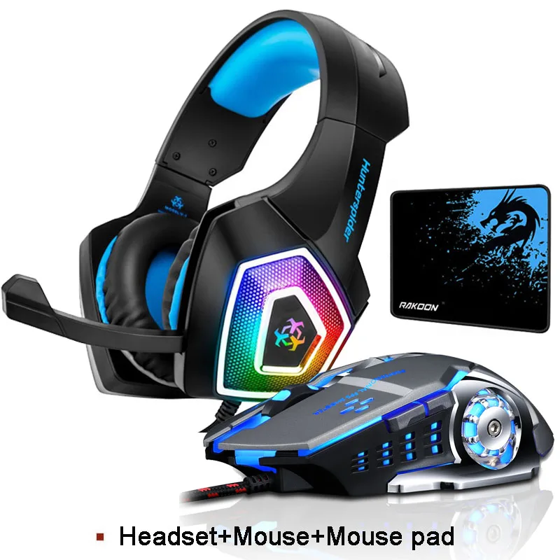 3 item combo Hunterspider стерео игровая гарнитура шлем объемный звук наушники с микрофоном светодиодный светильник для ПК ноутбука PS4+ игровая мышь+ коврик для мыши - Color: 3 item combo