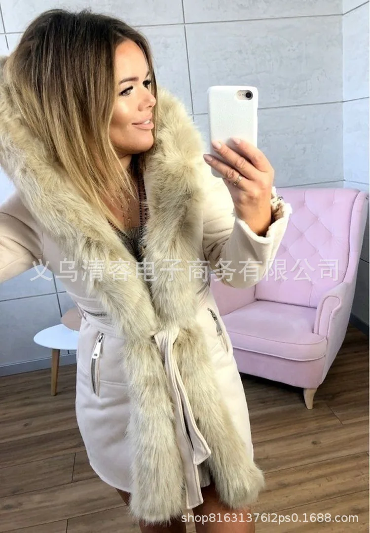 AliExpress, новая продукция,, Европа и Америка, средней длины, меховой воротник, пояс, женская облегающая одежда с хлопковой подкладкой