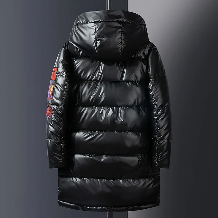 Модные мужские серебристые блестящие хип-хоп куртки и пальто, теплая Глянцевая верхняя одежда, утолщенное пальто с капюшоном, длинная уличная одежда, новинка, GA519