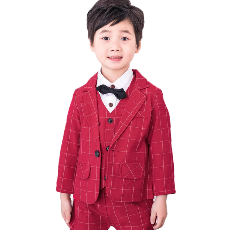 

Flower Boys Blaid Jacket+vest Pants Bowtie 4pcs Wedding Suit Gentleman Kids Formal Birthday Dress Children Party Costume
