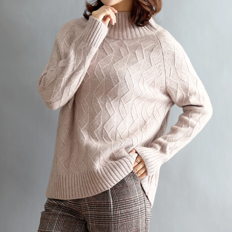 100% fine merino wool irregualr diamond pattern knit women half high collar pullover sweater wide loose M-2XL EU size | Женская одежда