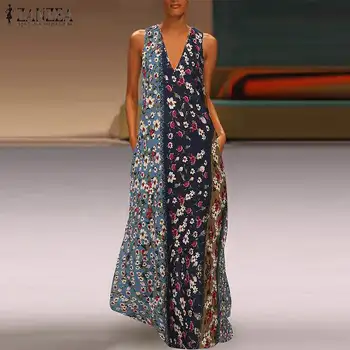 

Plus Size ZANZEA Summer Tank Dress Women Casual V Neck Sleeveless Floral Printed Cotton Party Long Sundress Vestido Female Robe