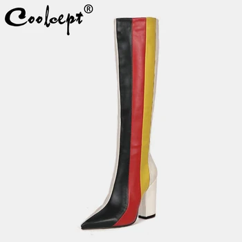 

Coolcept Thigh High Boots Women Big Size 34-45 Sexy Pointed Toe Mixed Color Luxury Designer Shoes Women Winter Warm High Heels