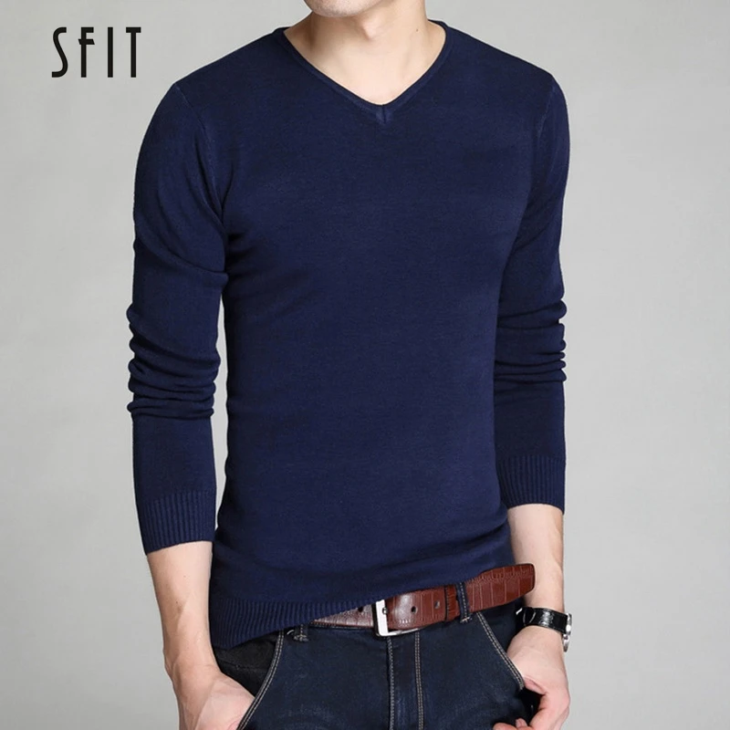 

SFIT Men Sweaters Autumn Winter Thin Knitted Sweaters Solid Color Casual V Neck Pull Homme Men Basic Simple Pullover Streetwear