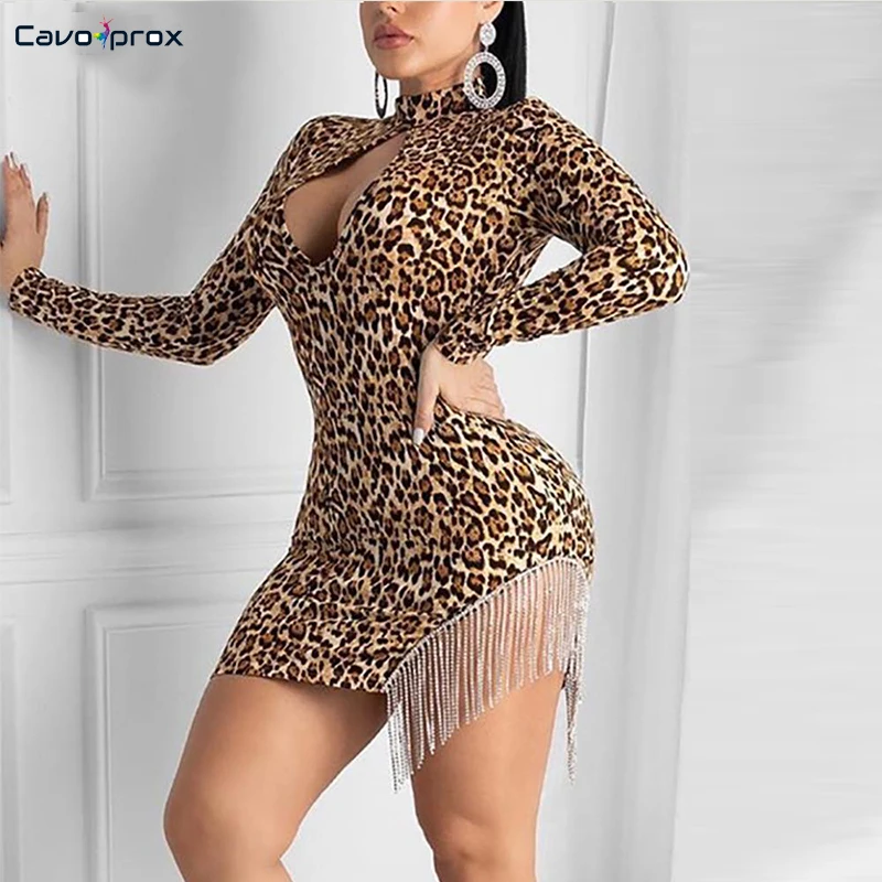 Leopard Print Keyhole Side Tassel Sequins Dress Women Sexy& Club Bodycon Long Sleeve Spring Fall Mini Dress - Цвет: Коричневый