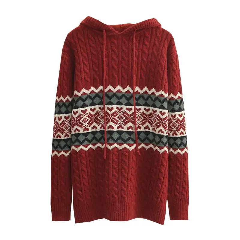 

Women Clothing Sweater Plus Size 2021 Autumn Winter New Jumper VINTAGE Jacquard Geometric Hooded Female Twist Knitted Pullovers