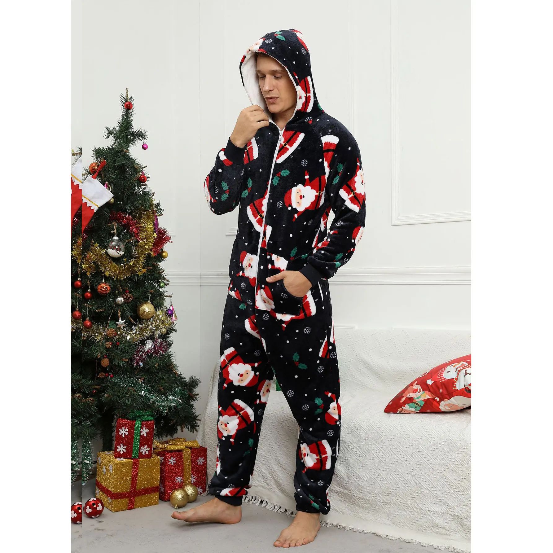 Men Onesie Christmas Pajama Adult Jumpsuit Winter Warm Sleepwear Flannel Outfit Festival Party Suit Print Kigurumis Unisex